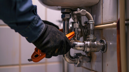 Plumber's hands using an pipe wrench to work on the chrome P-trap under a white sink