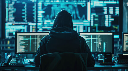 Individual in a hoodie sitting in front of multiple computer monitors displaying various data visualizations and global network map