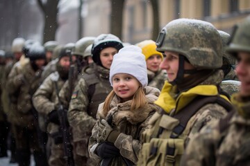 Fototapeta premium A little smiling girl among the military came to meet her dad