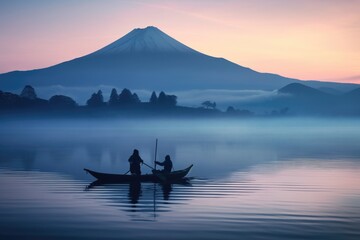 Mt Fuji and Lake Kawaguchiko at sunrise, Japan, Mt, Fuji or Fujisan with the silhouette of three...