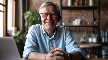 Cheerful elderly man wearing headphones and glasses, using a laptop - obrazy, fototapety, plakaty