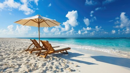 Beach chairs and umbrella on a white sandy beach. - obrazy, fototapety, plakaty