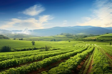 Landscape of green tea plantation in the mountains. Agricultural scene, Panoramic photo of a beautiful agricultural view with pepper and leek plantations, AI Generated