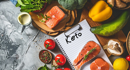 Keto diet set of food ingredients. notebook with the inscription keto - obrazy, fototapety, plakaty
