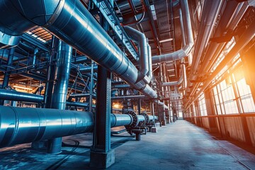 Modern industrial building with pipes, heat exchangers and valves.