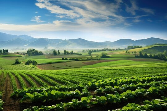 Landscape of chinese cabbage field with blue sky and mountain background, Panoramic photo of a beautiful agricultural view with pepper and leek plantations, AI Generated