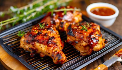 Succulent Chicken Thighs with Grill Marks Macro Shot - obrazy, fototapety, plakaty