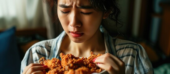 Asian woman experiences stomachache and indigestion due to excessive fried chicken consumption or binge eating disorder.
