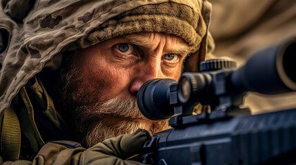 A focused sniper in camouflage gear peering through the scope of his rifle, intense gaze captured in the midst of action.