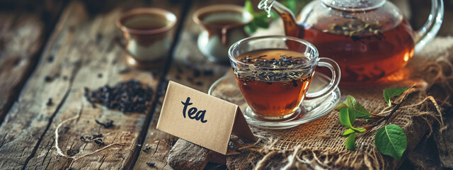 a cup of tea and a teapot with tea on a wooden background.drink. - obrazy, fototapety, plakaty