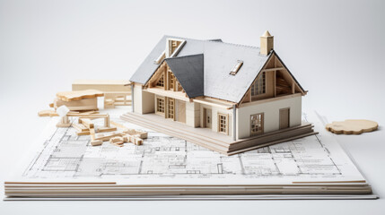 Detailed architectural model of a house with exposed wooden beams on top of building plans