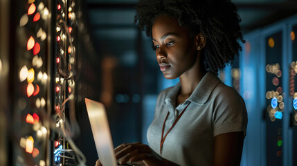 Focused IT professional using a laptop while standing in a server room with racks of network equipment illuminated by blue lights