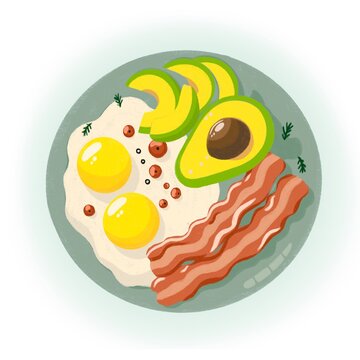 breakfast concept with food and drink vector illustration graphic design. Breakfast menu with bacon and eggs, retro promotion poster design on old paper texture.