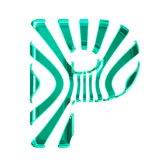White symbol with turquoise thin vertical straps. letter p