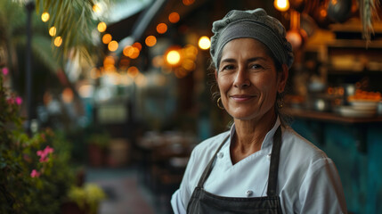 Adult woman chef de cuisine, standing in front of her restaurant