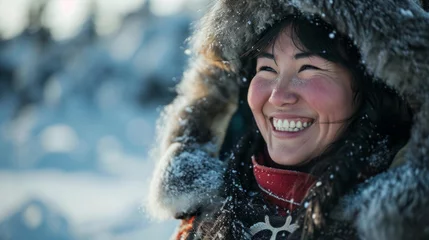 Foto op Plexiglas Portrait of an Inuit woman, 30 years old, with black hair and inuit sun ruff clothing © Keitma