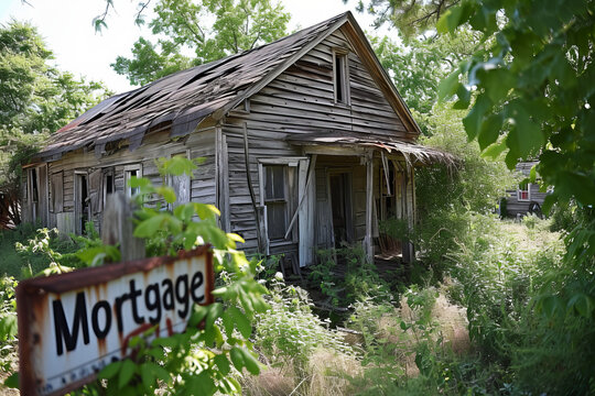 Mortgage concept image with wooden abandoned house and Mortgage word on a board sign