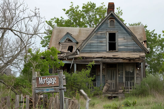 Mortgage concept image with wooden abandoned house and Mortgage word on a board sign
