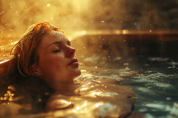 Nordic blonde young woman reclining in a steam-filled sauna - obrazy, fototapety, plakaty