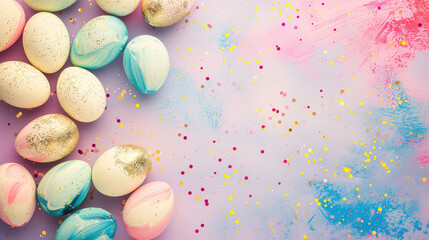 Fototapeta na wymiar Top down view of easter eggs with glitter on light background, space for text.