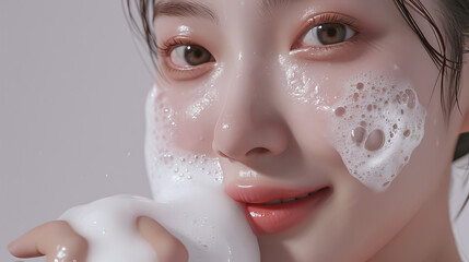 Beautiful Korean woman with a dollop of shampoo foam on her head - obrazy, fototapety, plakaty