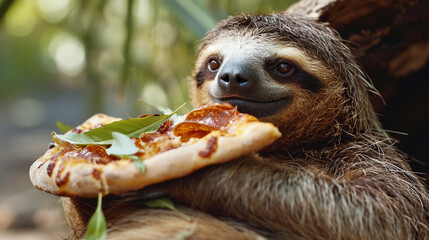 cute handsome sloth eating pizza.