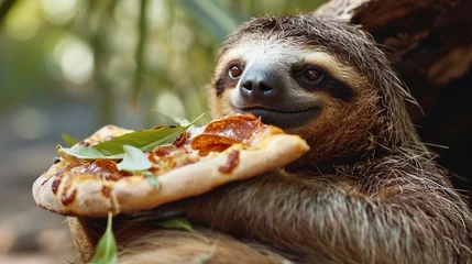 Fotobehang cute handsome sloth eating pizza. © Anna