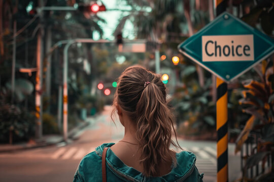 Choice concept image with back of a woman in front of a crossroad with a sign with written Choice word