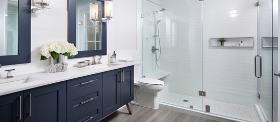 Contemporary white bathroom renovation with navy blue double vanity, stylish mirrors, and glass door shower.