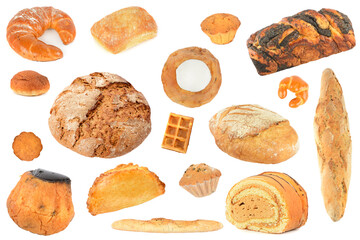 Collection of delicious products made from various types of flour isolated on white