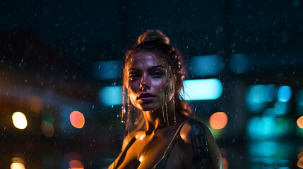 Macro shot, woman face with rain drops and neon light reflection