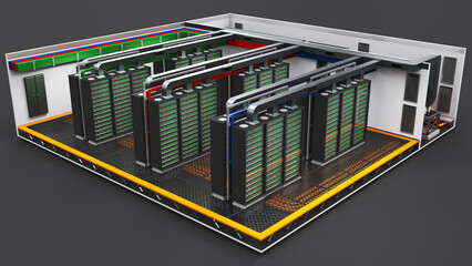 Data center floor, mining farm, server room with rows of server racks. 3d illustration isolated on black
