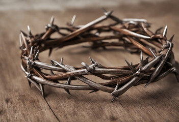 A Crown of Thorns and Nails on a Wooden Cross