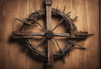 A Crown of Thorns and Nails on a Wooden Cross