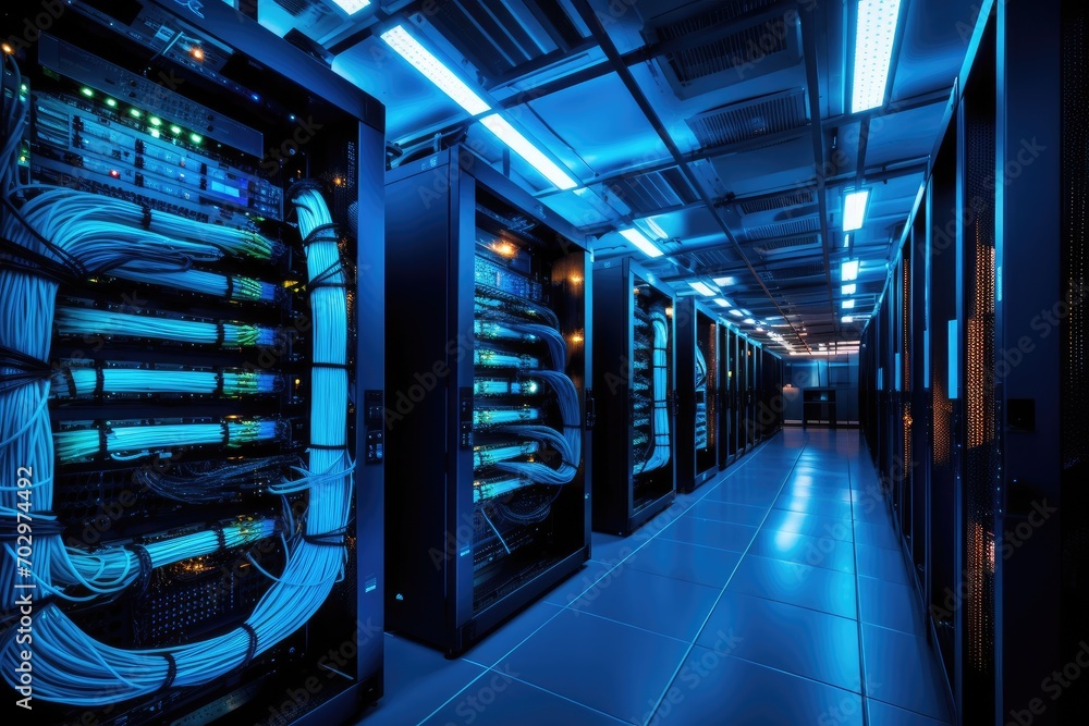 Poster network server room with hard drives and network cables - 3d rendering, network cables connected to 