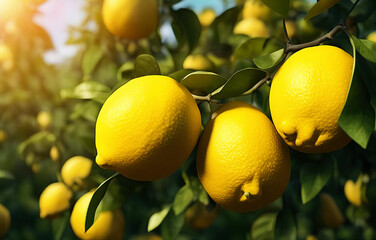 Citrus branches with organic ripe yellow lemons growing on branches with green leaves in sunny fruiting garden