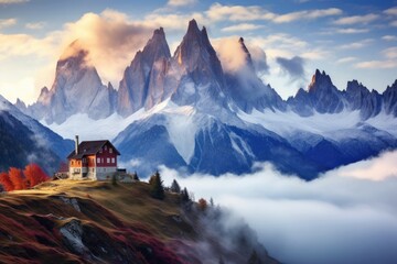 Mountain landscape with wooden church in Dolomites, Italy, Mountains in fog with a beautiful house and church at night in autumn, Landscape with high rocks, a blue sky with the moon, AI Generated