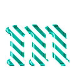 White symbol with thin turquoise diagonal straps. letter m