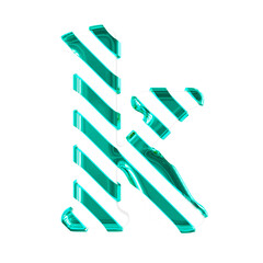 White symbol with thin turquoise diagonal straps. letter k
