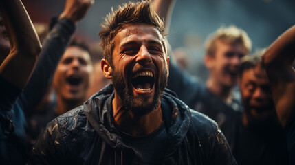 Success, happy team or winner for soccer player celebration during match at soccer field, stadium or sport workout. Teamwork, achievement or friends for fitness goal, wellness or football exercise - obrazy, fototapety, plakaty