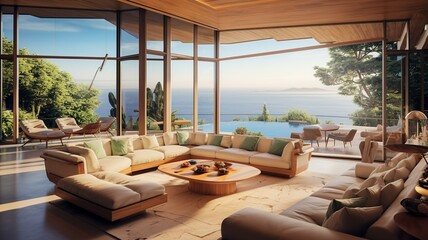Fototapeta premium Luxury villa with terrace and floor to ceiling panoramic window with amazing sea view. Interior design of modern living room, Generative AI