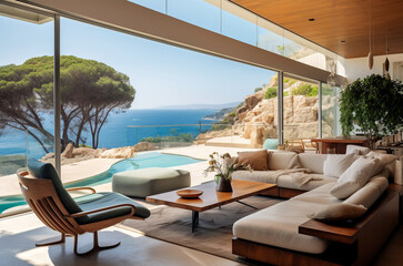 Fototapeta premium Luxury villa with terrace and floor to ceiling panoramic window with amazing sea view. Interior design of modern living room, Generative AI