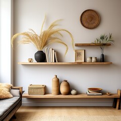 Wood wall floating shelf on stucco wall. Storage organization for home. Interior design of modern living room, Generative AI