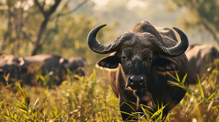 Buffalo, portrait, African shroud, wild animals of Africa, beautiful nature of Africa. Big Five.