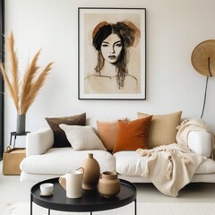 White sofa and black coffee table against white wall with art poster. Scandinavian boho home interior design of modern living room, Generative AI