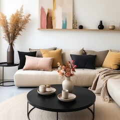 Black round coffee table near beige sofa with multicolored pillows. Scandinavian style home interior design of modern living room, Generative AI