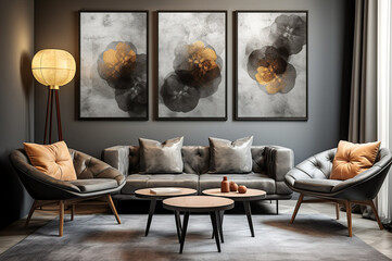 Mid-century home interior design of modern living room. Dark grey sofa and chair against grey wall with three art frames, Generative AI