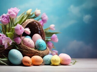 Fototapeta na wymiar Easter bright mood: colorful eggs and spring flowers