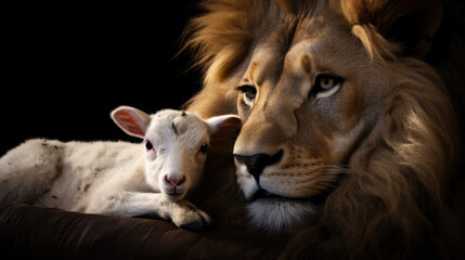 A captivating image of the Lion and the Lamb together against a black background.