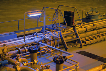 Piping System And Crude Oil Diesel Fuel Transportation Manifolds On Board The Modern Bunkering Barge Vessel
